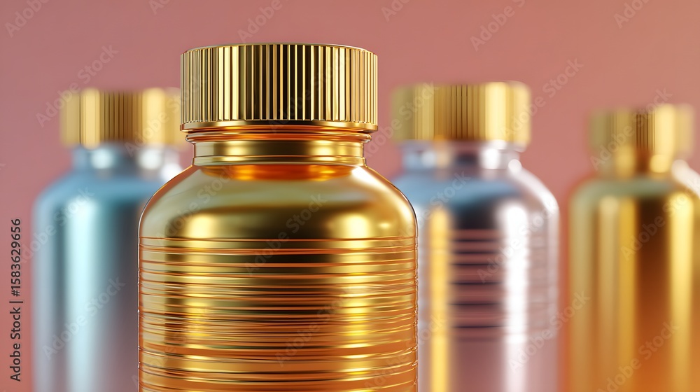 Poster close-up of colorful bottles with gold and silver caps against a soft gradient background