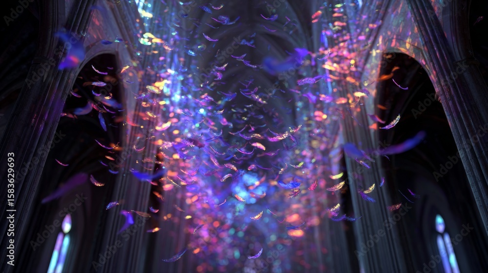 Poster enchanting light patterns and ethereal feathers in a grand gothic architecture setting
