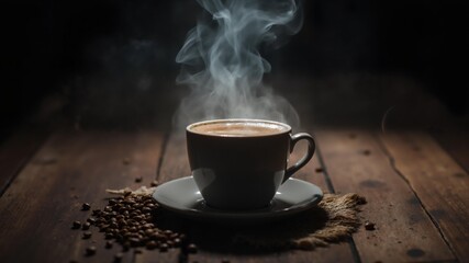 Fototapeta premium Steam rising from hot coffee cup on wooden table