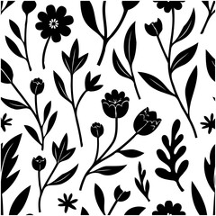 Seamless Floral Pattern: Black and White Botanical Design with Elegant Flowers