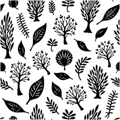 Seamless pattern of stylized trees and leaves in black and white design