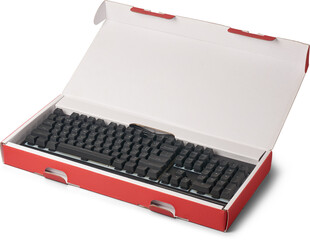 black mechanical gaming keyboard in opened packaging box isolated white background, mock-up template of gaming hardware