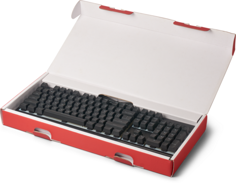 black mechanical gaming keyboard in opened packaging box isolated white background, mock-up template of gaming hardware