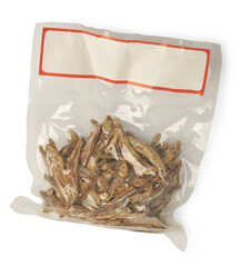 vacuum sealed plastic pack of dried sprats with blank label isolated white background, small dried fish preserving freshness and shelf life in thermoforming packaging, mock-up template 
