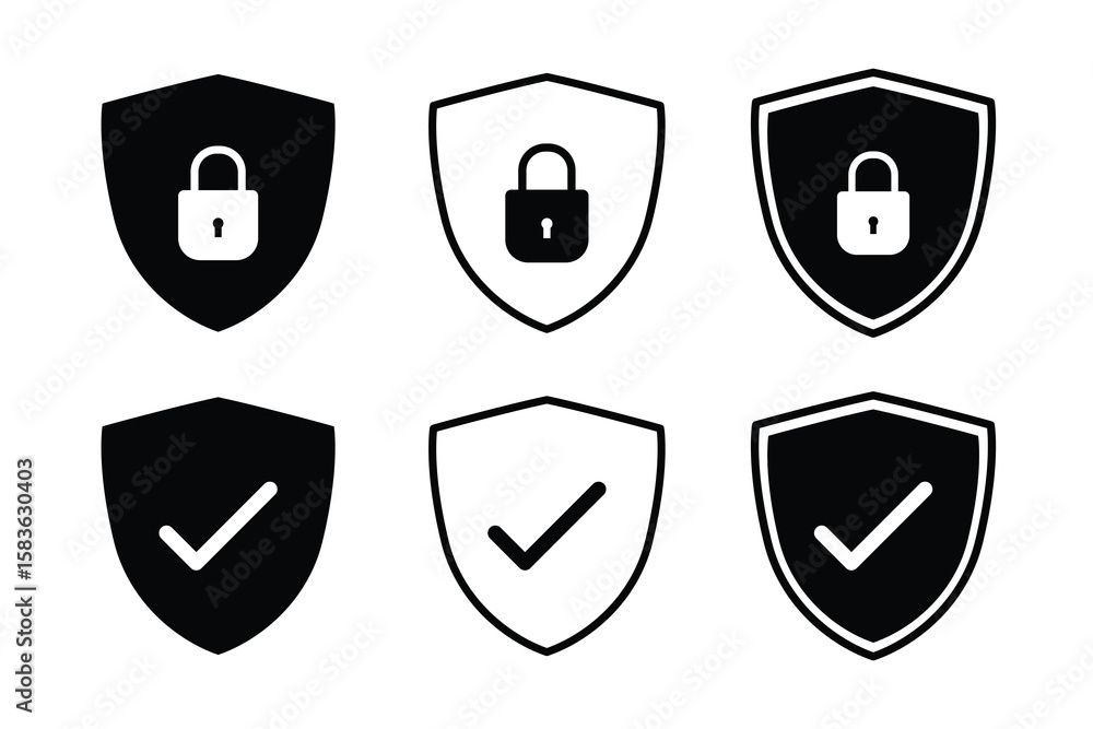 Poster set of security shield icons with check mark and padlock