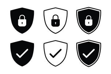Set of security shield icons with check mark and padlock