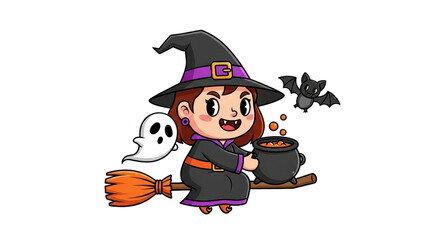 Witch Flying on Broomstick with Cauldron and Bat, Halloween Illustration, Whimsical Style