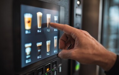 Person selecting a beverage from a touchscreen vending machine at a busy café during the afternoon