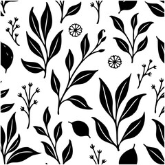 Elegant black and white botanical seamless pattern, leaves and flowers, nature-inspired design