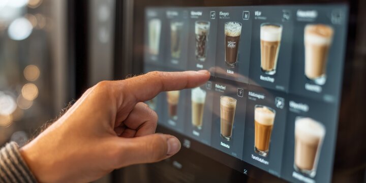Coffee selection at a modern cafe with a touch screen for brewing choices in the afternoon