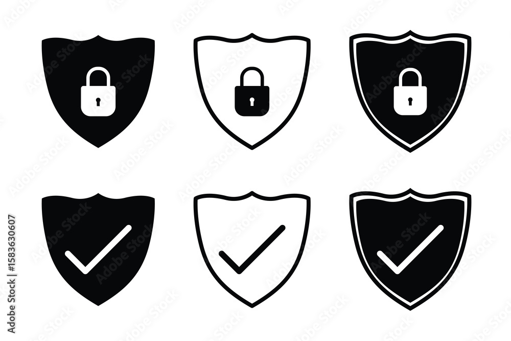 Poster security shield icon set. shield with lock icon set. check mark icon symbols vector.
