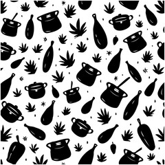 Black and White Kitchen Utensils and Herbs Pattern for Cooking and Food Preparation