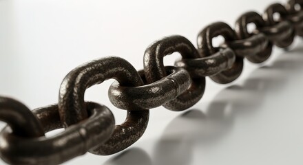 A close up view of a dark metal chain on white ground