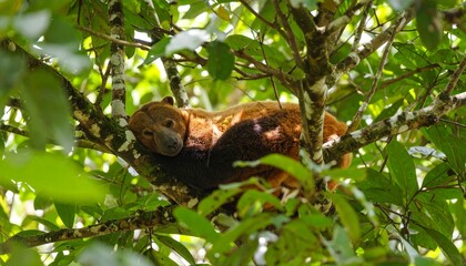 Obraz premium Cuscus resting nestled among tree limbs