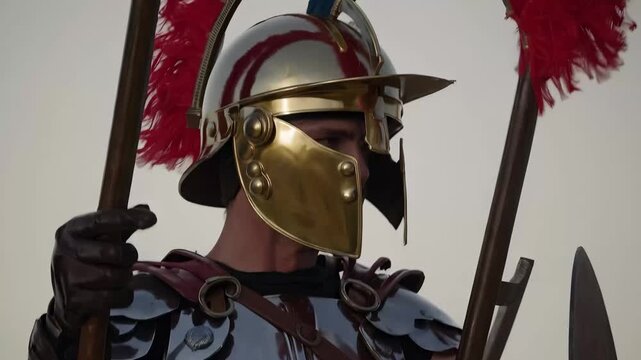 Roman soldier with shield and spear. Soldier in male armor. Reenactment of battleground with a historical shield. A roman warrior equipped with a shield and a spear lifestyle.