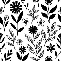 Floral vector seamless pattern with botanical elements in black and white