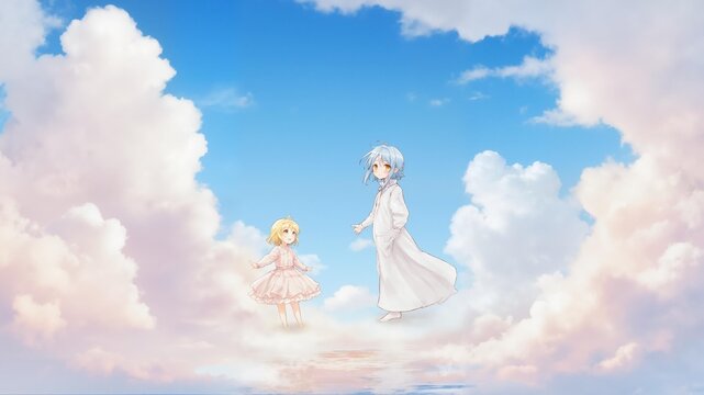 Two anime characters floating on clouds