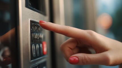 Person pressing a button on an elevator panel in an urban setting during the evening