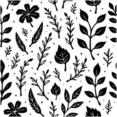 Elegant Black and White Botanical Pattern with Leaves and Flowers Decoration