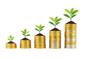 Five stacks of coins with growing plants symbolizing financial growth isolated on transparent background
