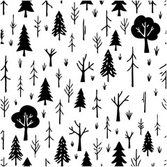 Seamless Forest Pattern in Black and White, Hand-Drawn Tree Silhouettes Texture