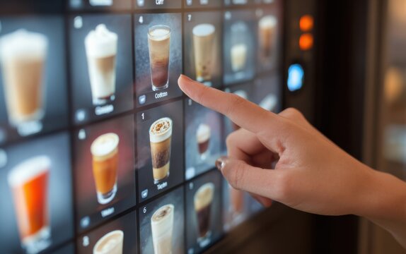 Person selecting a beverage from a digital vending machine menu in a cafe during the afternoon