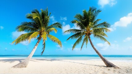 Two palm trees on beach with ocean in background
