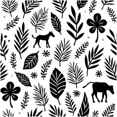 Elegant botanical illustration featuring lush leaves and charming animal silhouettes