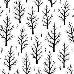 Seamless pattern of bare trees silhouetted against a white background design