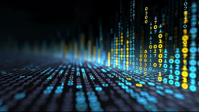 Data Stream Visualization: A mesmerizing digital art piece showcasing a vibrant flow of data. Abstract visualization of binary code, with glowing elements in a futuristic design.