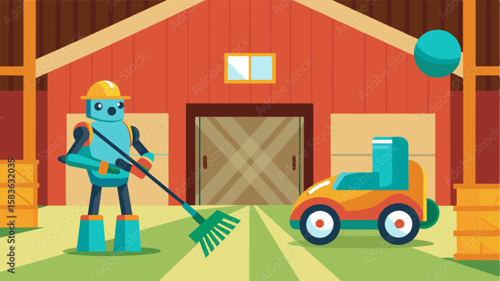 Poster an autonomous cleaning robot that navigates through the barn sweeping and sanitizing floors to maint