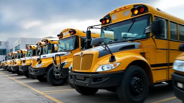 Yellow school buses lined up at a transportation yard ready for morning routes and student pickups