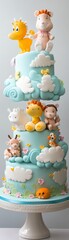 Whimsical three-tiered cake with playful animal decorations and cloud details on a blue backdrop.