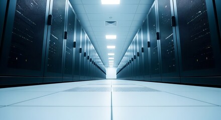 Expansive server room aisle with rows of dark server racks and bright ceiling lights creating a futuristic atmosphere