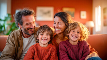 A young family (mother, father, two children) sitting together laughing on a sofa in a comfortably furnished living room, natural light, warm colors, emotional connection and security
