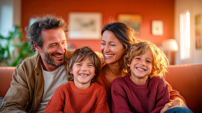 A young family (mother, father, two children) sitting together laughing on a sofa in a comfortably furnished living room, natural light, warm colors, emotional connection and security
