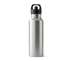 Brushed stainless steel water bottle with black lid isolated on white background