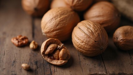 Walnuts on rustic wooden surface in dim lighting