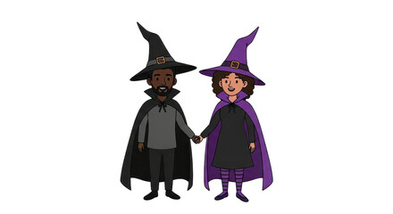 Halloween Celebration with Young Witches in Colorful Costumes, Magical Setting, Illustration