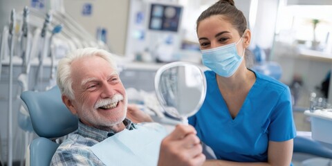 The dentist and patient share a joyful moment in the dental clinic.