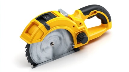 Naklejka premium A bright yellow and black power tool with a circular saw blade, poised against a white backdrop. The blade appears sharp and ready to cut