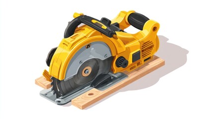 Naklejka premium Yellow circular saw cutting wood, handles on top, resting on planks with blade partially visible