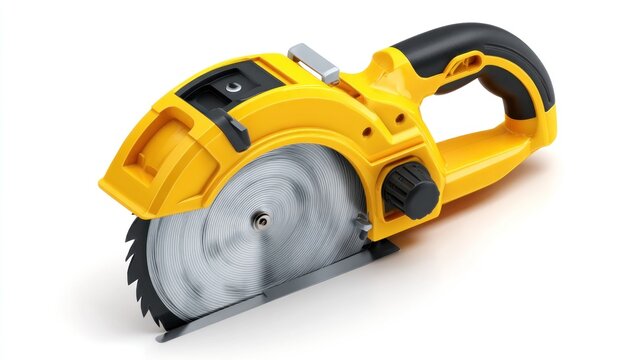 A bright yellow and black power tool with a circular saw blade, poised against a white backdrop. The blade appears sharp and ready to cut