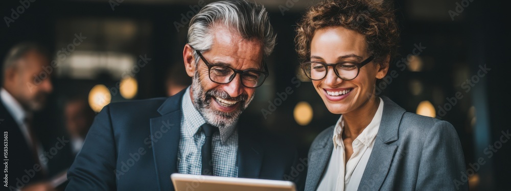 Poster two professionals discuss ideas while reviewing data on a tablet in an office setting during a busy 