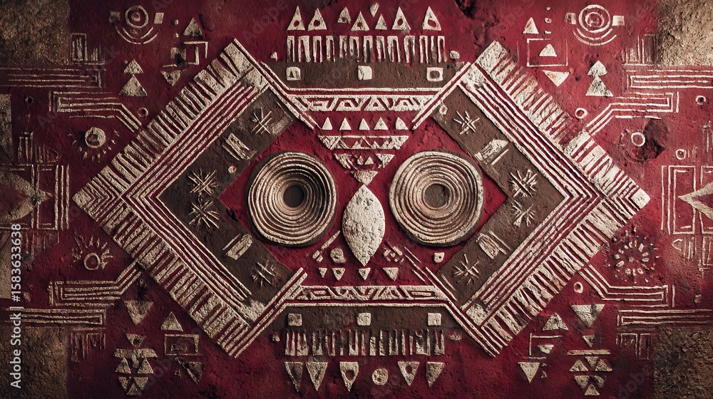 Aufkleber intricate wall art design with geometric patterns and textures in red and beige color palette