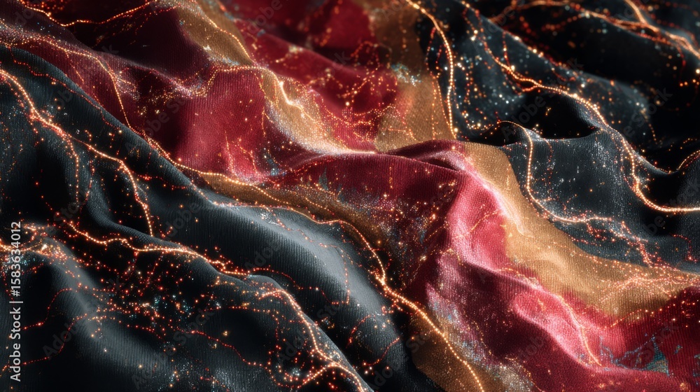 Poster abstract flowing fabric with golden glitter and rich colors in wavy patterns for creative background