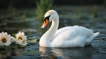 Fototapeta premium White swan on calm water with daisies nearby