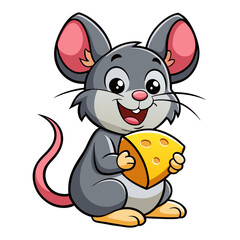 Fototapeta premium Cute cartoon mouse holding a wedge of cheese isolated on white background