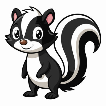 Cute cartoon skunk with black and white stripes isolated on white background