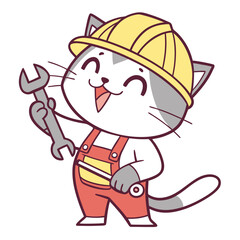Cartoon cat wearing hard hat and overalls holding a wrench  